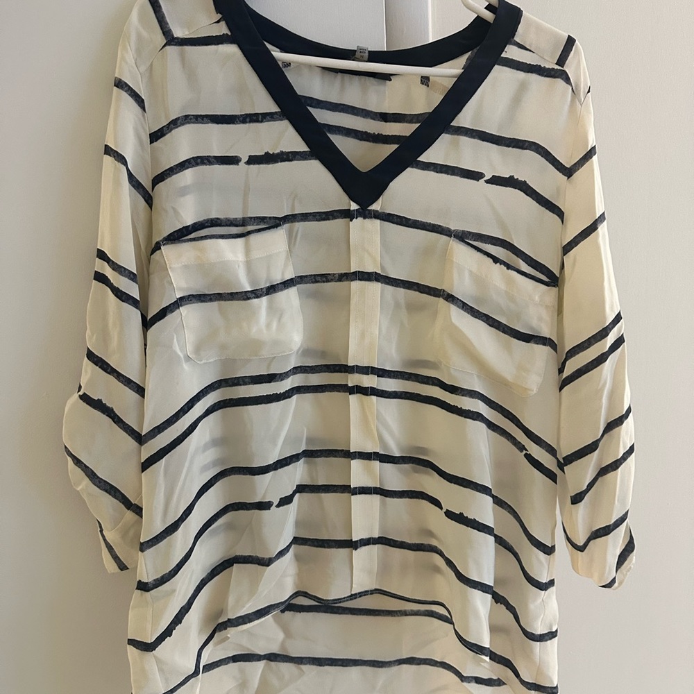 White and navy striped silk blouse